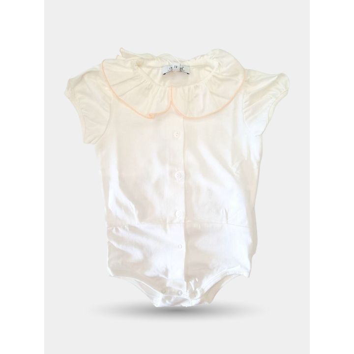 Camicia body Aletta bianca da neonata vista frontale con colletto bordato arancione