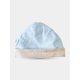 Cappello nascita Aletta azzurro turchese con risvolto tortora, vista frontale