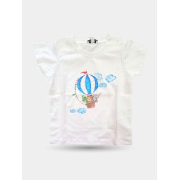 T-shirt Aletta bianca da bambino con mongolfiera a righe blu vista frontale