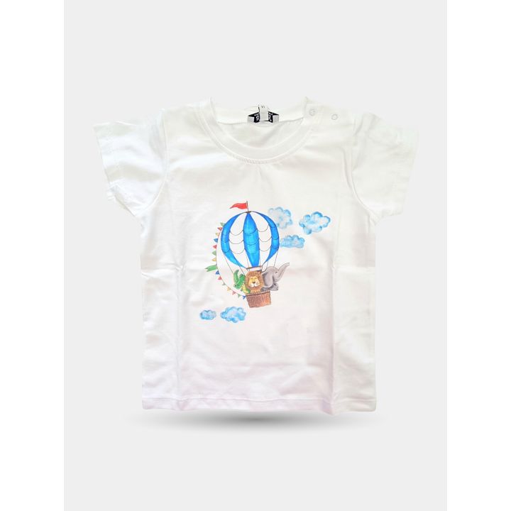 T-shirt Aletta bianca da bambino con mongolfiera a righe blu vista frontale