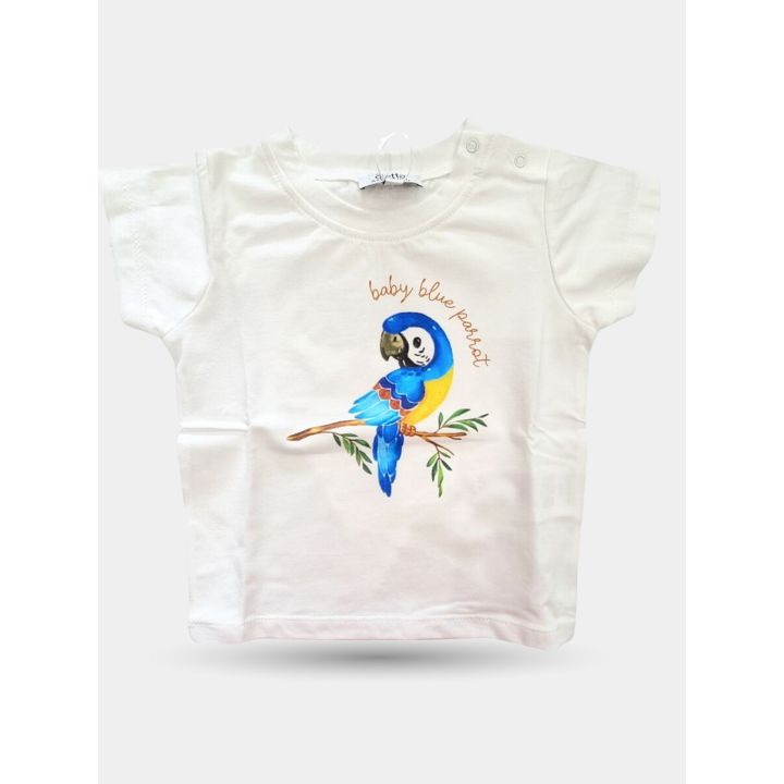 T-shirt Aletta bianca da neonato con pappagallo blu vista frontale