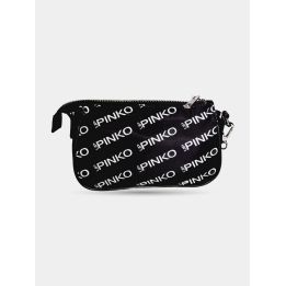 Borsa a tracolla Pinko nera con logo Pinko Up bianco all-over, vista frontale
