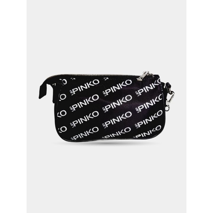 Borsa a tracolla Pinko nera con logo Pinko Up bianco all-over, vista frontale