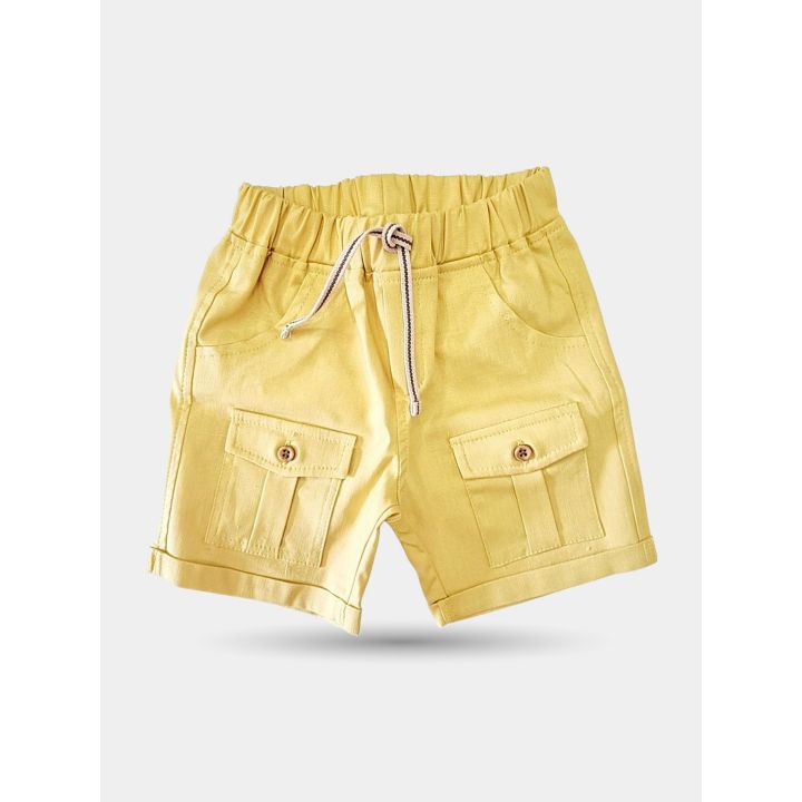 Pantaloncini Aletta gialli da neonato con coulisse e tasche a pattina, davanti