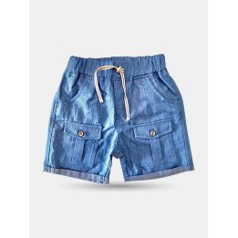 Pantaloncini di jeans blu Aletta da neonato vista frontale con laccetto in vita