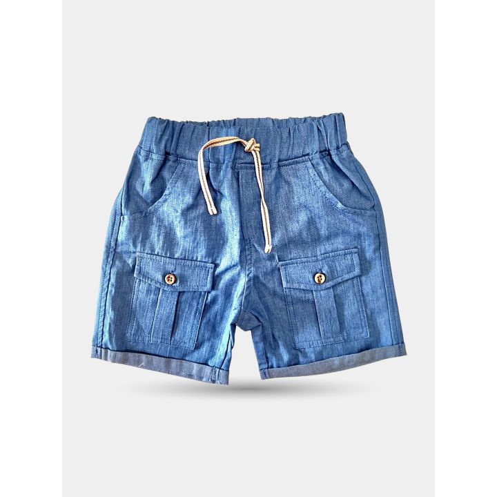 Pantaloncini di jeans blu Aletta da neonato vista frontale con laccetto in vita