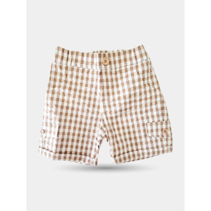 Pantaloncini Aletta a quadretti bianchi e beige da neonato vista frontale