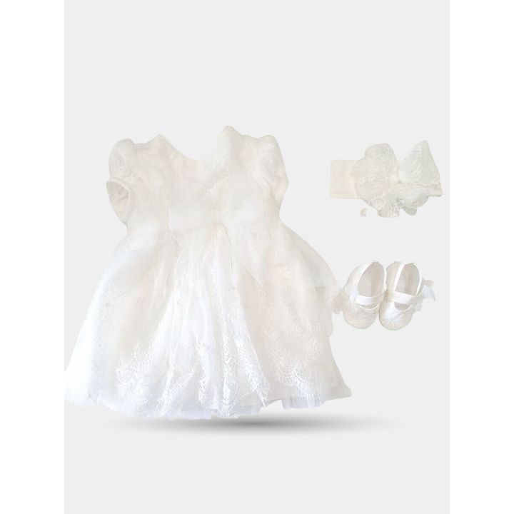 Set da cerimonia Aletta panna con abito, fascia e scarpine, vista d'insieme