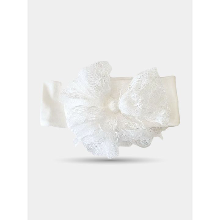 Fascia per capelli panna con fiocco di pizzo e tulle