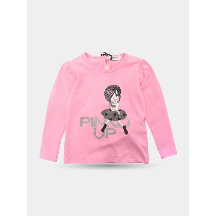 T-shirt Pinko rosa a manica lunga con bambolina e logo glitter, vista frontale