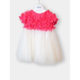 Abito da cerimonia Aletta con petali fucsia e gonna panna, vista frontale