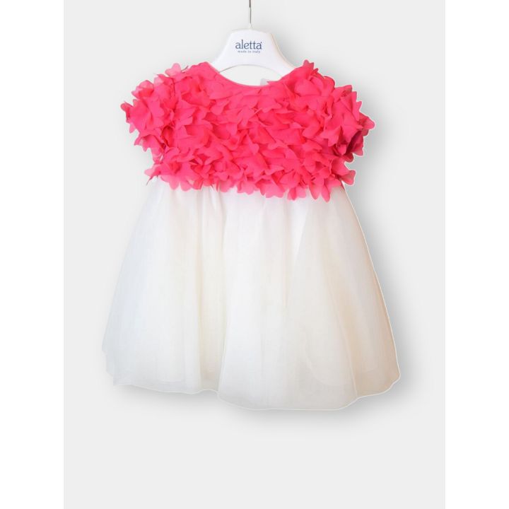 Abito da cerimonia Aletta con petali fucsia e gonna panna, vista frontale