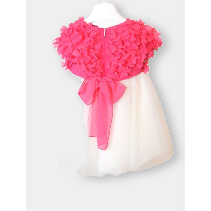 Retro dell'abito con petali fucsia e fiocco annodato in vita