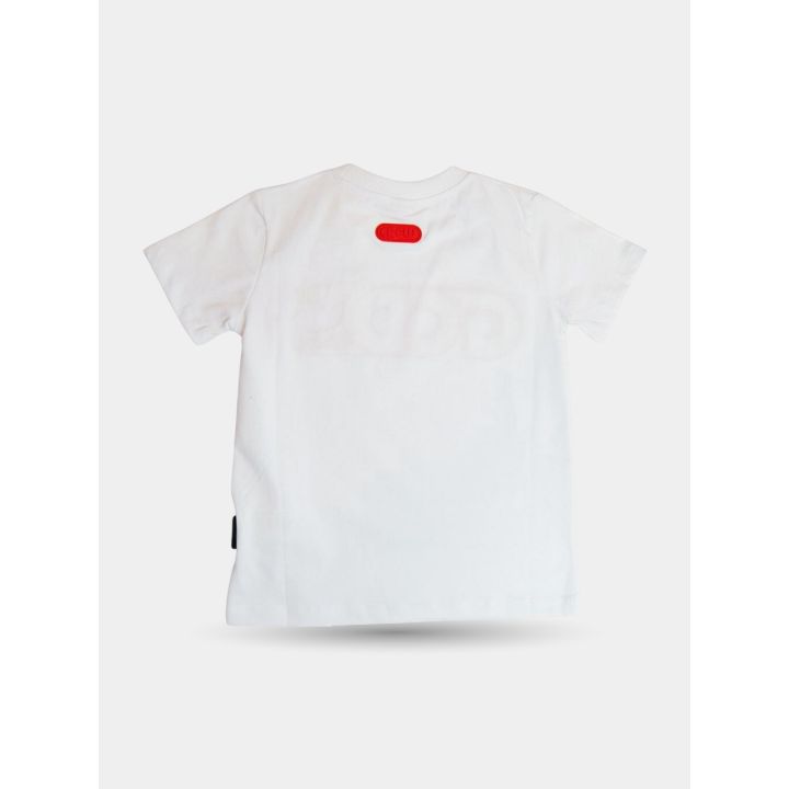 Retro della t-shirt GCDS bianca con placca rossa sotto il collo
