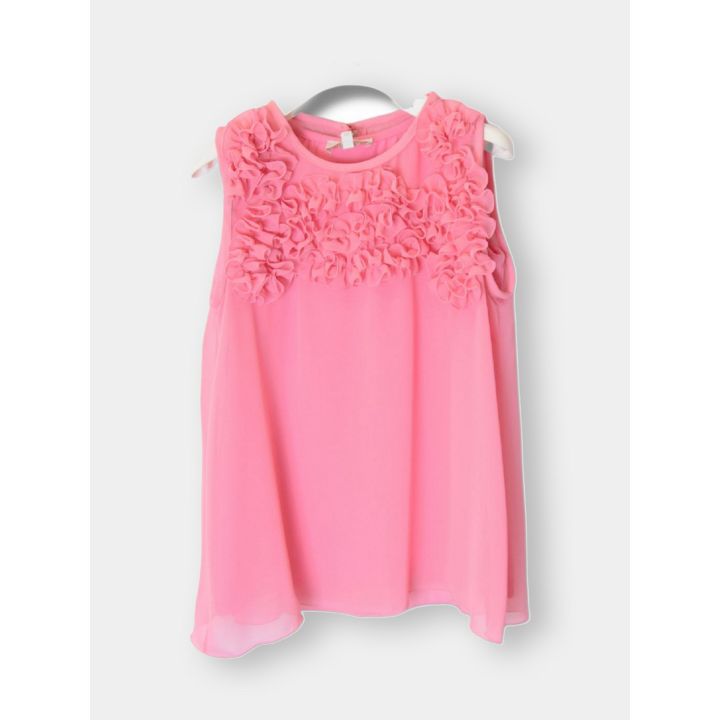 Blusa elegante Aletta rosa smanicata con petali applicati, vista frontale