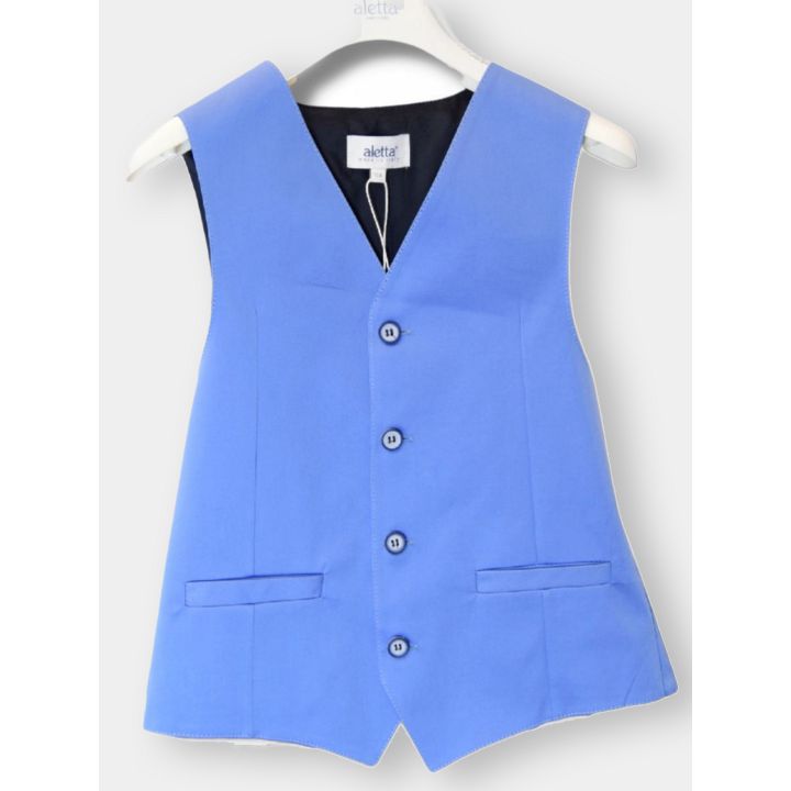 Gilet elegante Aletta blu con scollo a V e quattro bottoni, vista frontale