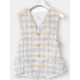 Gilet elegante Aletta a quadri ecrù e azzurri, vista frontale sulla gruccia