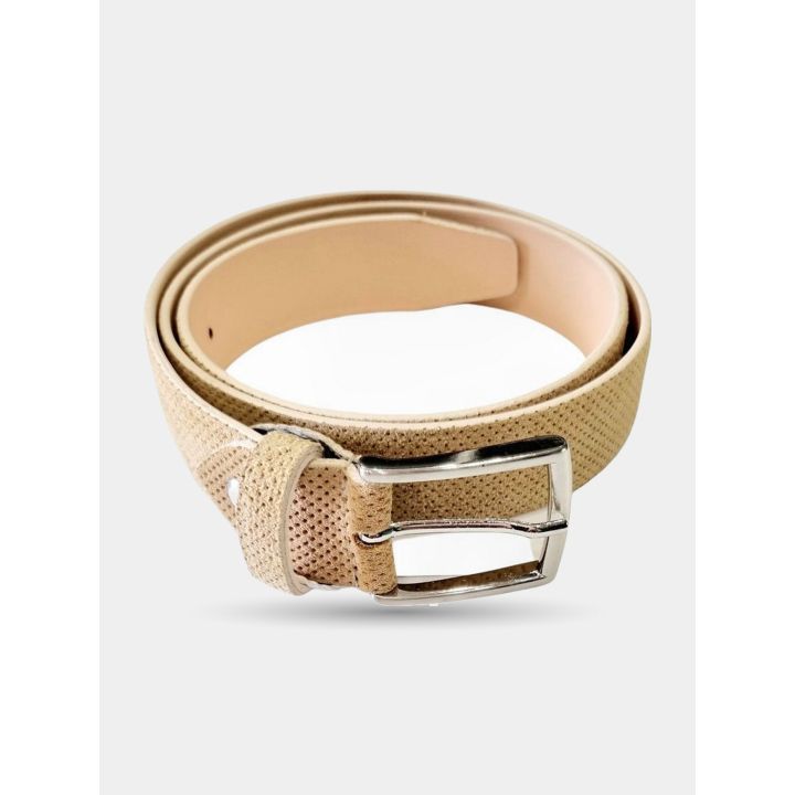 Cintura Aletta beige in pelle traforata arrotolata con fibbia argentata