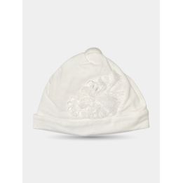 Cappello nascita Aletta panna da neonata con fiore di pizzo sul lato