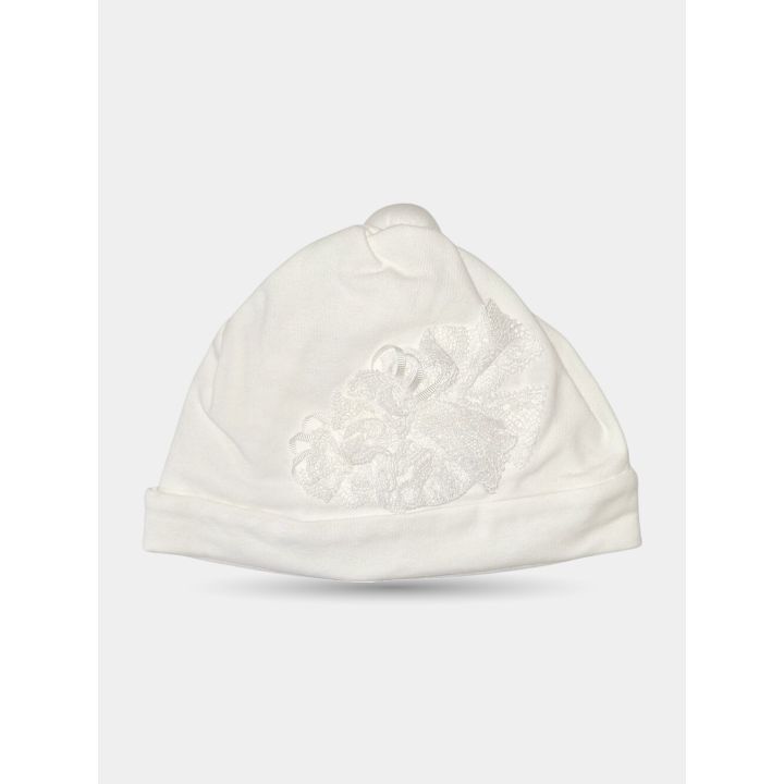 Cappello nascita Aletta panna da neonata con fiore di pizzo sul lato