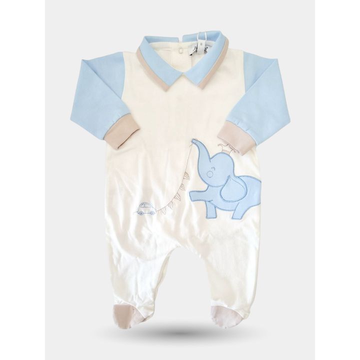 Tutina Aletta panna e celeste da neonato con elefantino vista frontale