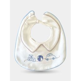 Bavaglio Aletta bianco con colletto bordato beige e giochi ricamati blu, vista frontale