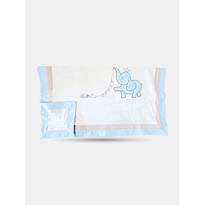Copertina Aletta bianca da neonato con elefantino azzurro e doppio bordo
