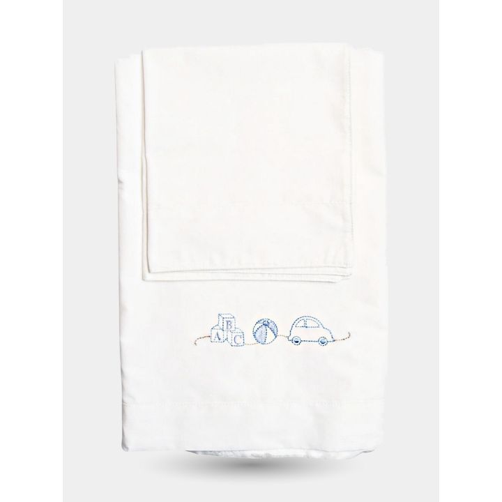 Set lenzuolino e federa Aletta bianco con giochi ricamati in azzurro