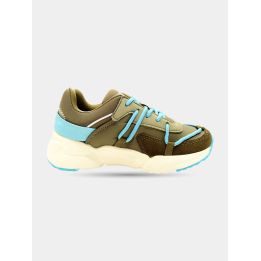 Sneaker Diesel verde oliva da bambino vista laterale con lacci azzurri