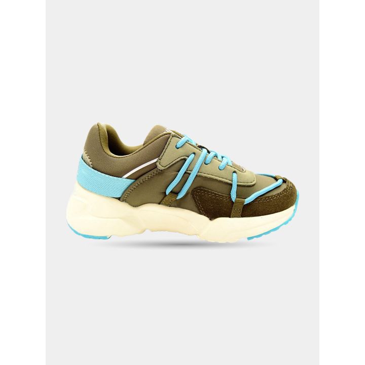 Sneaker Diesel verde oliva da bambino vista laterale con lacci azzurri