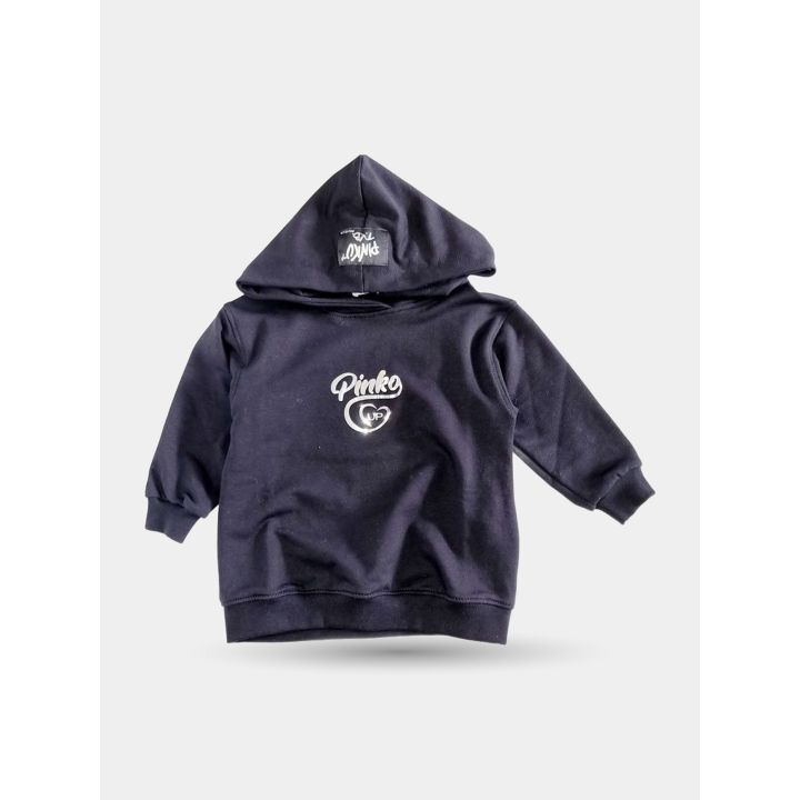 Abito felpa Pinko nero con cappuccio e logo argento, vista frontale