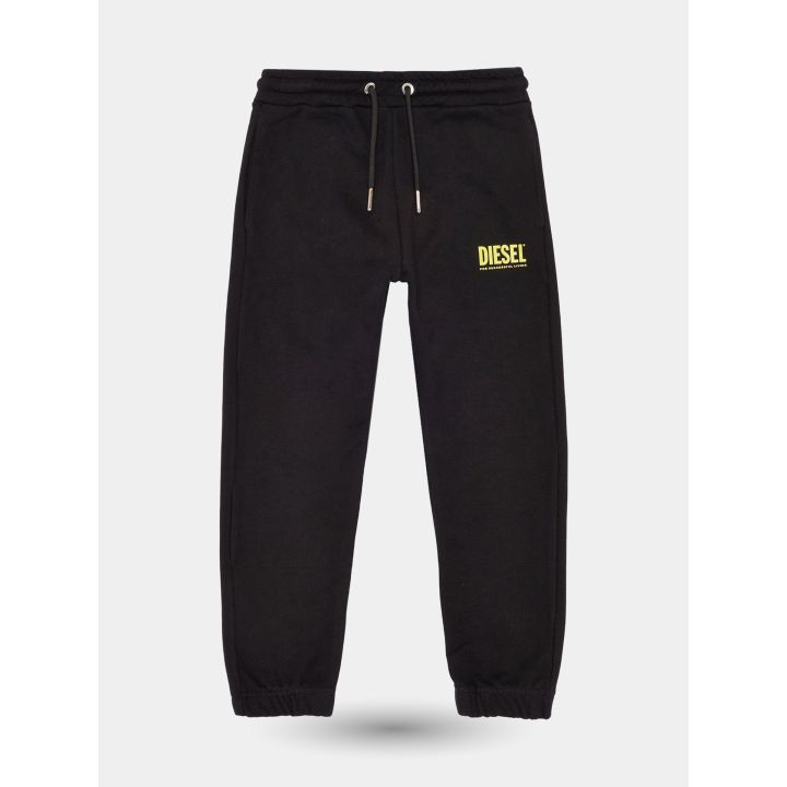 Pantaloni tuta Diesel neri da ragazzo vista frontale con logo giallo