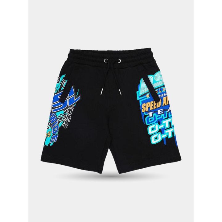 Pantaloncini Diesel neri da ragazzo vista frontale con grafiche azzurre