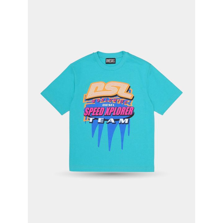 T-shirt Diesel turchese da ragazzo vista frontale con grafica Speed Xplorer
