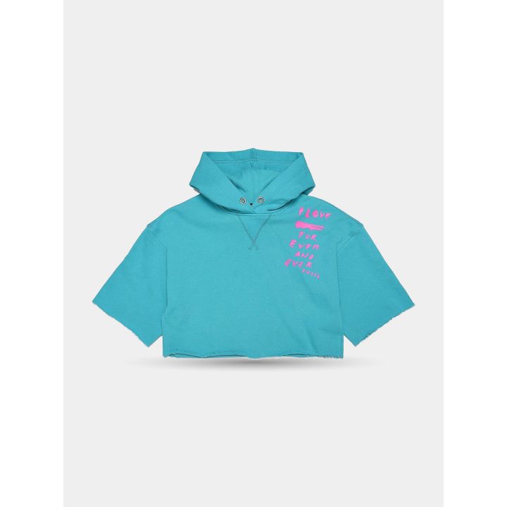 T-shirt corta Diesel turchese con cappuccio da bambina, vista frontale