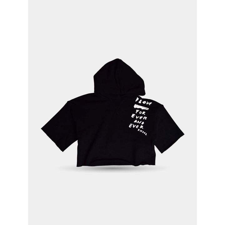 T-shirt corta Diesel nera con cappuccio da bambina, vista frontale