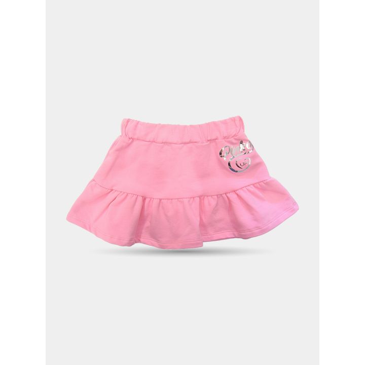 Gonna Pinko rosa in felpa con balza e logo argento, vista frontale