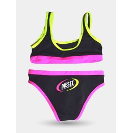 Bikini Diesel nero con bordi fluo, retro del top e slip con logo