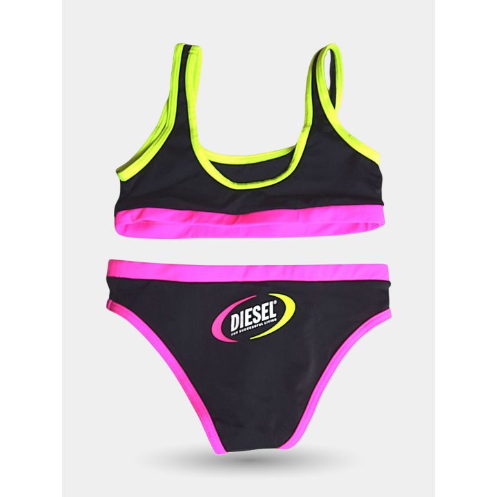 Bikini Diesel nero con bordi fluo, retro del top e slip con logo