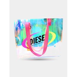 Borsa mare Diesel trasparente cangiante vista frontale con logo