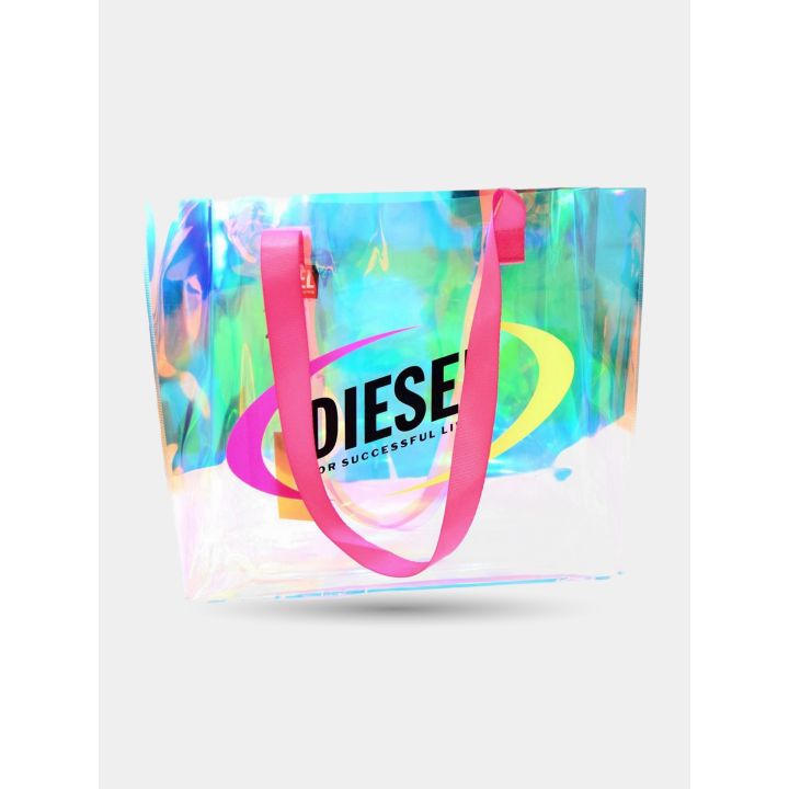 Borsa mare Diesel trasparente cangiante vista frontale con logo
