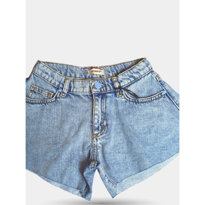 Dettaglio del bottone, delle tasche e del risvolto degli shorts blu