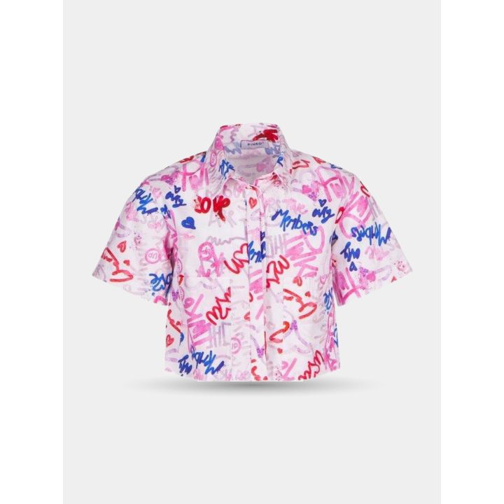 Camicia Pinko crop a scritte graffiti rosa, rosse e blu, vista frontale