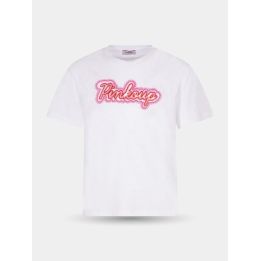 T-shirt Pinko bianca a maniche corte con logo Pinko Up rosa in corsivo, vista frontale
