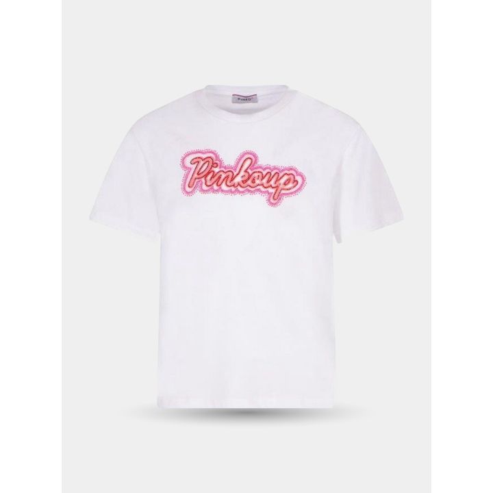 T-shirt Pinko bianca a maniche corte con logo Pinko Up rosa in corsivo, vista frontale