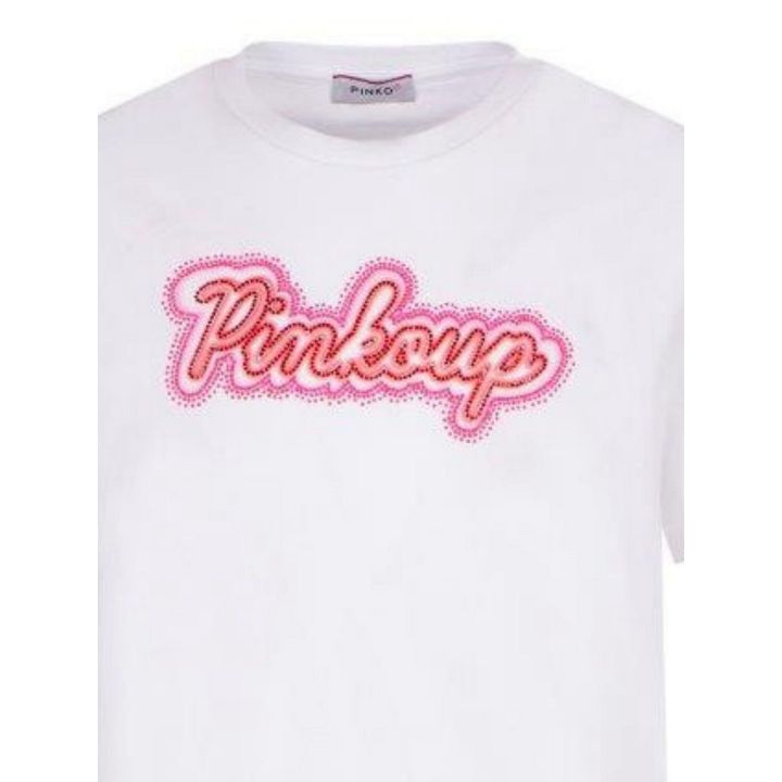 Dettaglio del logo Pinko Up rosa e corallo contornato di brillantini