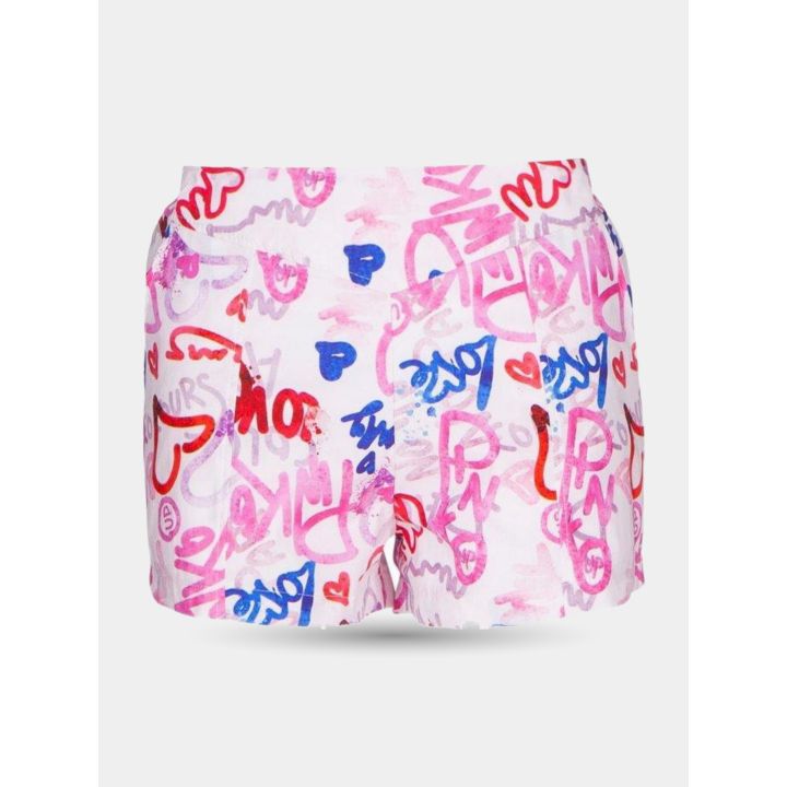 Shorts Pinko in popeline a scritte graffiti rosa, rosse e blu, vista frontale