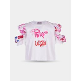 T-shirt Pinko bianca con maniche a volant stampate e scritta Wow, vista frontale