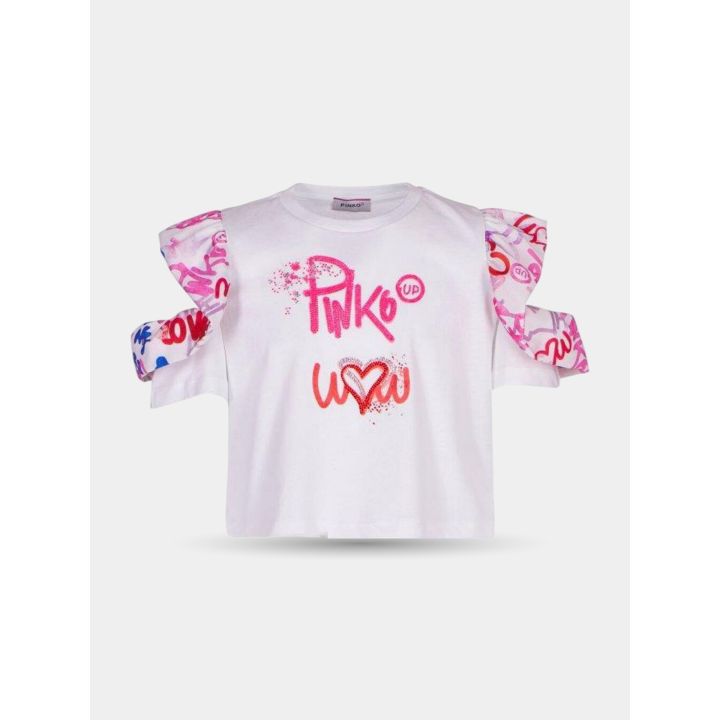 T-shirt Pinko bianca con maniche a volant stampate e scritta Wow, vista frontale