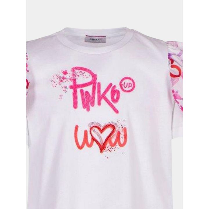 Dettaglio del logo Pinko Up rosa e della scritta Wow con cuore e brillantini